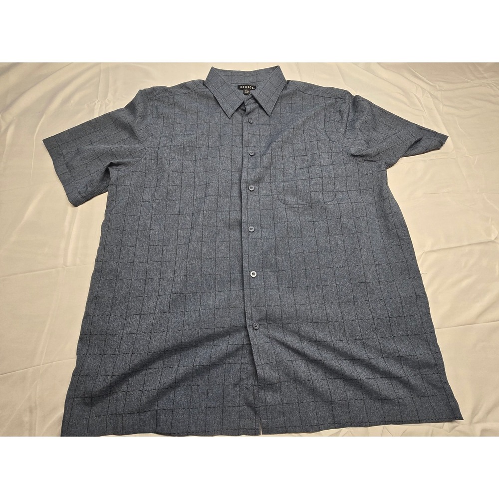 George Mens Blue Grid Short Sleeve‎ Button Up Casual Shirt, Size XL